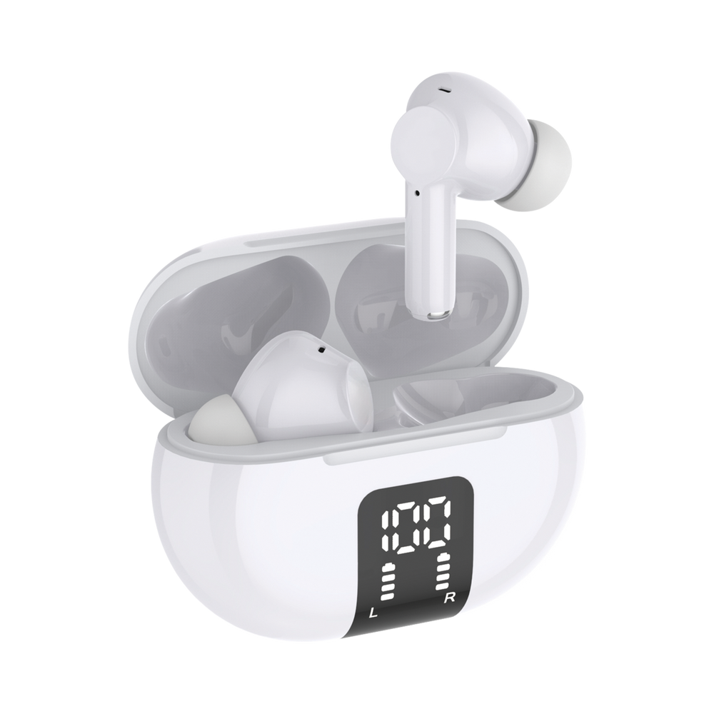 True Wireless White Earbuds with LCD Case